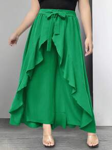 SHEIN LUNE Plus Size Women Ruffled High Waist Wide Leg Casual Pants Culottes - Green - View 4