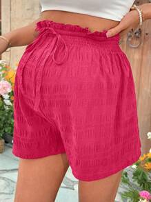 SHEIN Maternity Casual Solid Color Textured Elastic Waist Shorts For Vacation - Hot Pink - View 4