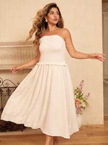 Flirla Plus Size Women Elegant Versatile Slimming Ruffle Hem Dress, Solid Color Casual Long Dress - White - View 1