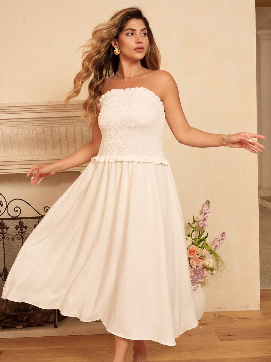 Flirla Plus Size Women Elegant Versatile Slimming Ruffle Hem Dress, Solid Color Casual Long Dress - White - View 1