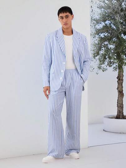 Manfinity VCAY 2pcs/Set Loose Woven Striped Imitation Linen Suit Set, Including Jacket And Wide Leg Pants