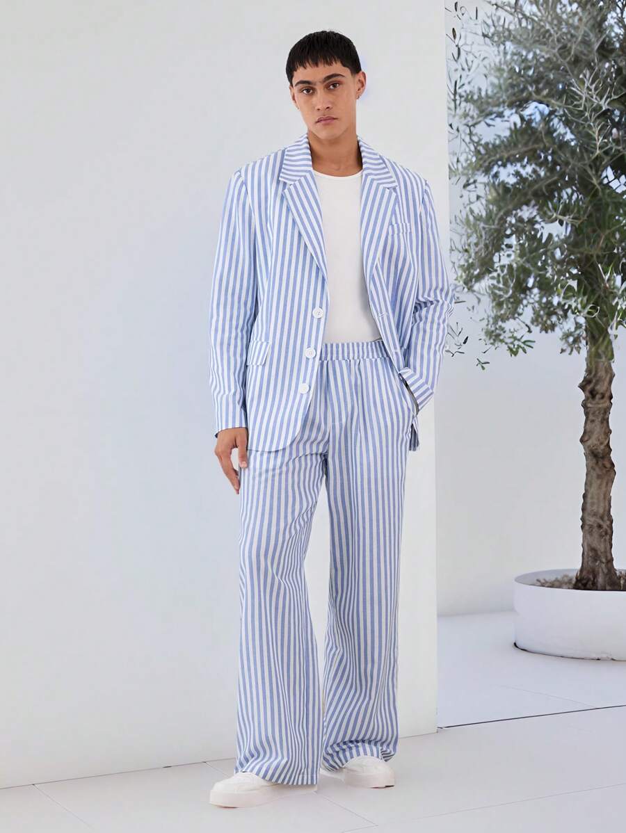 Manfinity VCAY 2pcs/Set Loose Woven Striped Imitation Linen Suit Set, Including Jacket And Wide Leg Pants - Blue and White - View 1