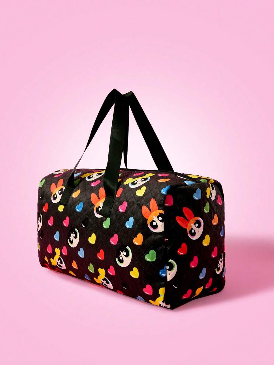 THE POWERPUFF GIRLS X SHEIN 花朵、泡泡、毛茛印花大容量可折叠旅行袋 - 彩色 - 查看 1