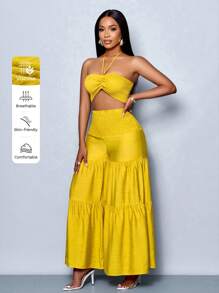 SOLERSUN Conjunto de 2 piezas para mujer de primavera y verano, compuesto por un top tubo sin mangas, cuello halter y lazo, con cintura fruncida, y un pantalón ancho de pierna ancha, roto y con capas, en un estilo informal y de vacaciones