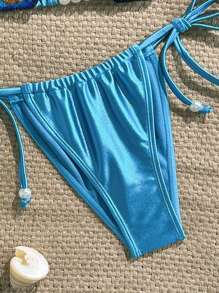 Swim Vcay Bộ đồ bơi 2 mảnh gợi cảm cho nữ, trang trí cúp ngực và vỏ sò, vải bóng, bộ bikini tam giác buộc dây màu trơn - Màu xanh lam - Xem 3