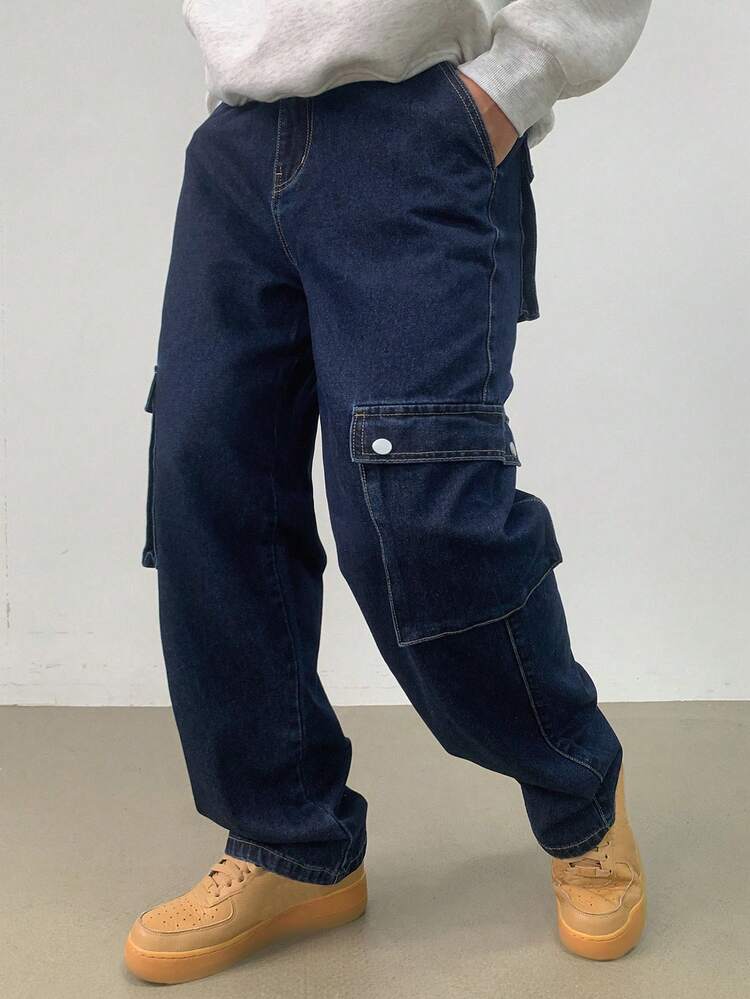 Men's Solid Color Loose Fit Cargo Jeans, Autumn