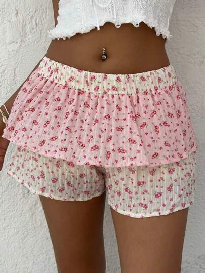 Sunnyshic 粉色碎花拼布纹理面料休闲度假甜美短款裙子/短裤