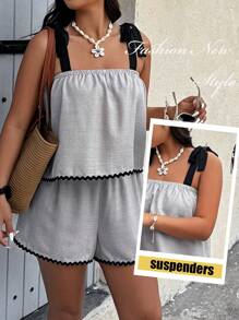 Breezaya Plus Size 2pcs/Set Contrast Color Trim Strap Shorts Vacation Casual Set - Grey - View 1
