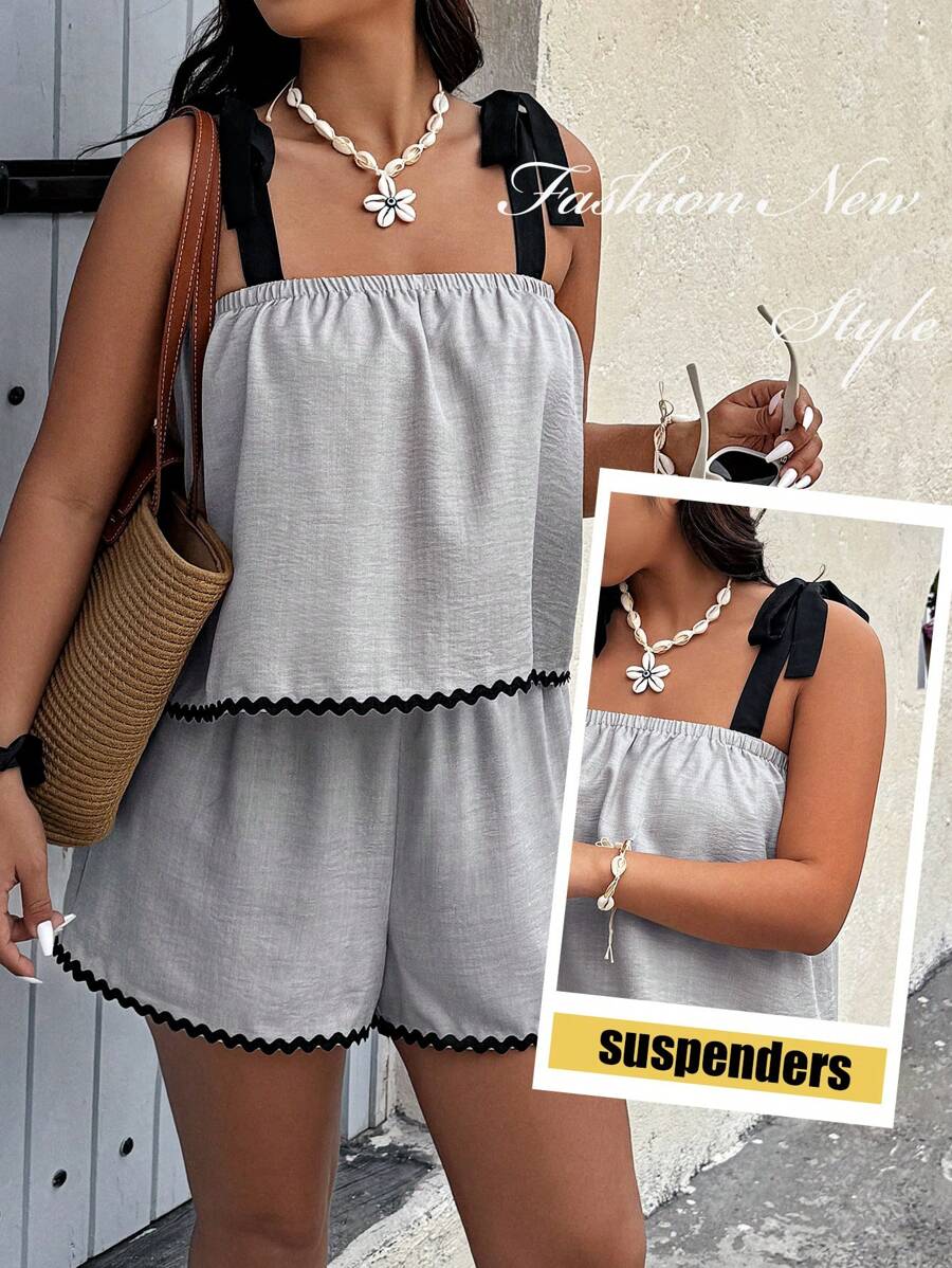 Breezaya Plus Size 2pcs/Set Contrast Color Trim Strap Shorts Vacation Casual Set - Grey - View 1