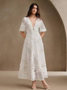 Anewsta Women Floral Embellished Mid-Sleeve Midi Dress, Deep V-Neck Tie Waist, Elegant And Versatile For Casual, Vacation, Graduation, Spring, Summer - White - View 6