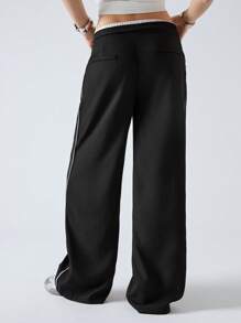 LYSMO Damen Hose mit Kordelzug in der Taille, Taschen, plissiert, gerade, locker, lässig - Schwarz - Übersicht 2