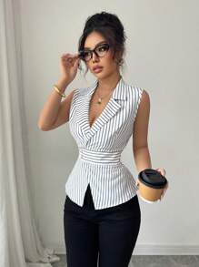 Elenzga Women's Striped Cinched Waist Ruffle Hem Blouse - Black and White - View 4