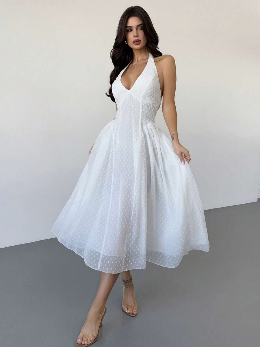 Firerie Damen V-Ausschnitt Midikleid im Jacquard-Blumenmuster mit Trägerhalter, geeignet für Weihnachten, Valentinstag, Konzerte, Aufführungen, Dates, Partys, Hochzeiten, sexy, elegant, Büro, Schulanfang, Urlaub