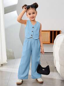 SHEIN Conjunto informal de top sin mangas y pantalones de tejido liso para niña, para primavera/verano - Azul - Ver 5