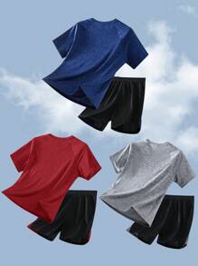 SHEIN 6pcs/Set Tween Boy Casual Sports Pattern Stretchy Round Neck Short Sleeve T-Shirt & Shorts Set,Multi-Pack Activewear,Gym,Summer,Casual,Grey And Pink - Red - View 2