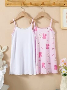 Young Girl 2 Pieces Bunny Print Knitted Camisole Dress And Shorts Sleepwear Set, White & Pink, Comfortable & Cute