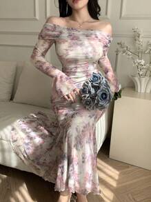 DAZY Mid-Length Floral Print Wrap Dress For Women, Spring/Summer Elegant Off Shoulder Top Easter - Multicolor - View 2