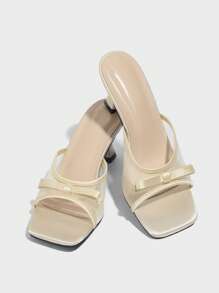 CUCCOO CHICEST Women's Square Toe Stiletto High Heel Summer Breathable Lace Bowknot Peep-Toe Mules Sandals, Apricot - Apricot - View 2