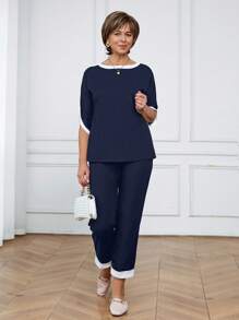 Miaspire 2pcs Women Casual Set: Ribbed Hem Round Neck Short Sleeve Top And Pants