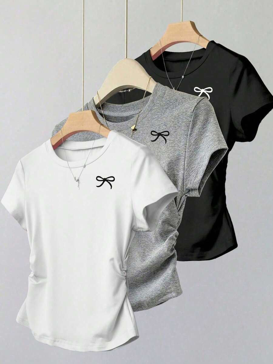 3pcs/Set Teens (Girls) Casual Versatile Bow Printed T-Shirt With Waist-Cinched Design Tops Tween Summer Shirts For Girls Cute Bow Shirts For Girls T Shirts For Girls Tshirts For Girls, School, Campus, College - Multicolor - View 1