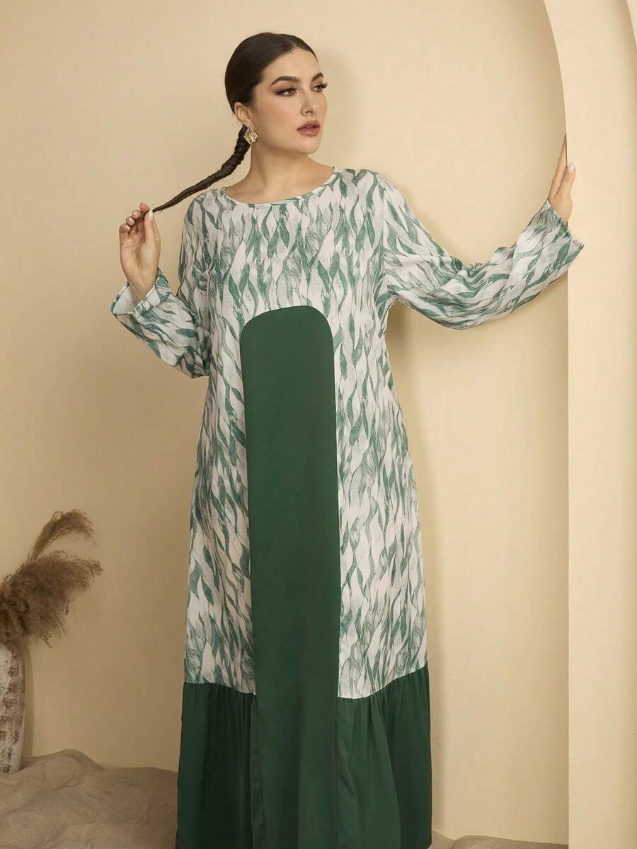 Graceveil Plus Size Women's Unique Design Patchwork Random Pattern Print Arabic Style Long Dress - Dark Green - View 1