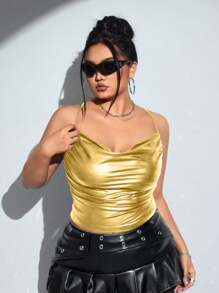 SHEIN ICON ICON Plus Size Draped Front Crisscross Backless PU Leather Cami Going Out Tops - Gold - View 3