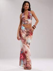 SHEIN BAE Women's Brown Striped Boho Summer Vacation Holiday Animal Print Draped Neck Backless Top And Skirt Set For Beach Music Festival Party Outfits - Multicolor - View 4