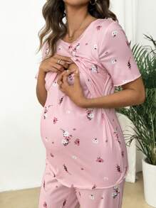 SHEIN Refreshing Print Short Sleeve Top And Long Pants 2 Pieces Maternity Set - Pink - View 5