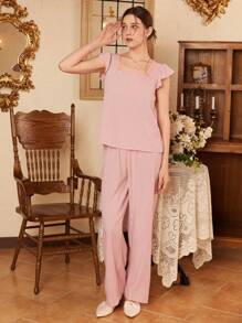 2pcs Women Lace Round Neck Pajama Set - Dusty Pink - View 5