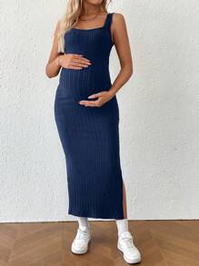 SHEIN 孕妇纯色露背扭纹镂空无袖连衣裙 - 藏蓝色 - 查看 6