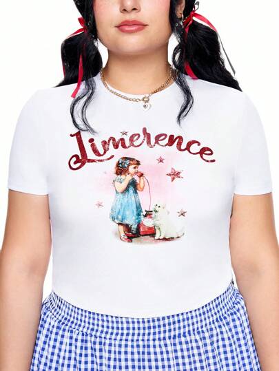 Kawaii تي شيرت قصير الأكمام مطبوع بحروف ورسومات كرتونية للفتاة مقاسات كبيرة للنساء