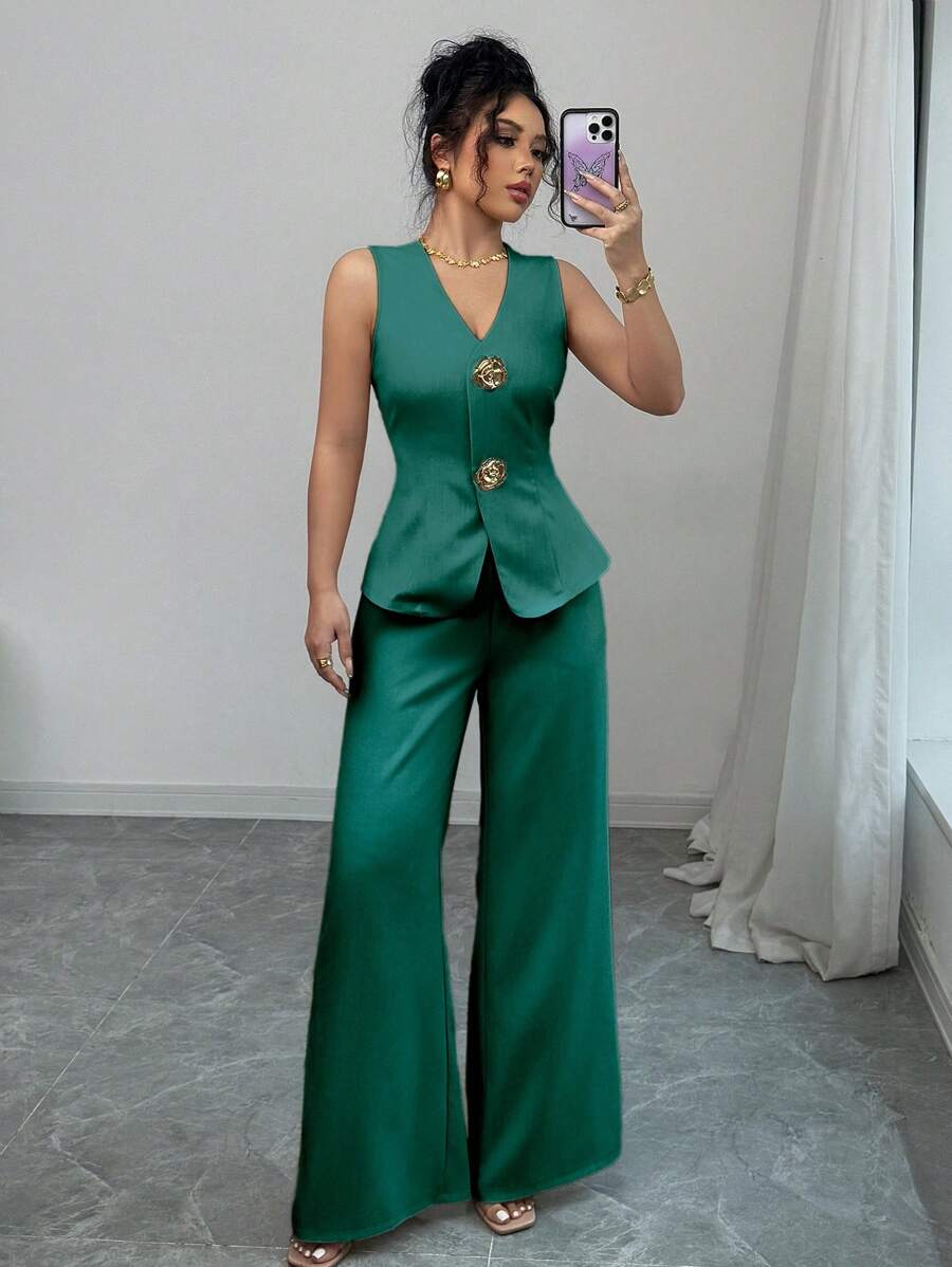 Rafferiza 2 件套：V 领纯色背心和阔腿休闲裤 - 綠色 - 查看 1