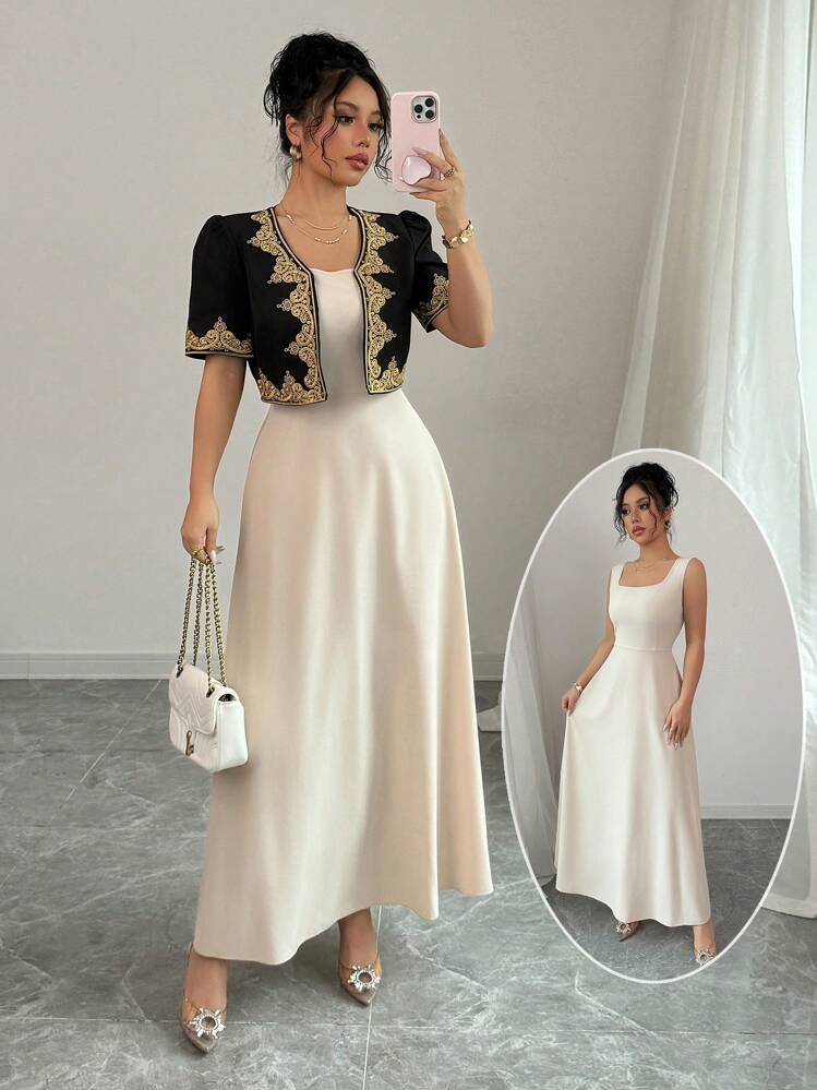 Rafferiza Elegant Fashion V-Neck Embroidered Black Gold Cropped Jacket And Flared Long Dress 2 Pieces Set, Women Outfit For Spring Summer In Khaki Color - Khaki - View 1