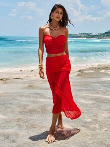 Opulessa 2pcs/Set Women Solid Ribbed Cropped Tank Top & Low-Waist Fishtail Skirt - Red - View 4