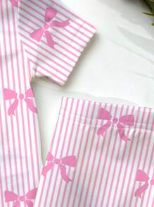 SHEIN Leap Crew Baby Girl Striped Bow Print Casual Minimalist Snug-Fit Round Neck Short Sleeve Pants Pajama Set, Suitable For Summer - Multicolor - View 5