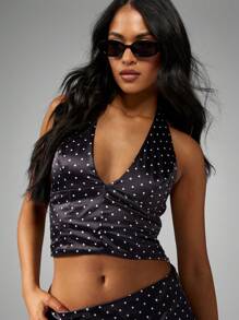 MISSGUIDED Chấm Bi Satin Bộ Hai Mảnh Dây Áo Crop Top Váy Mini Co-Ord Bộ Bữa Tiệc Câu Lạc Bộ Đêm Ra Lễ Hội Mùa Hè Trang Phục - màu đen - Xem 4