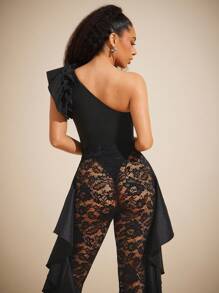 Vixey Casual One Shoulder Ruffle Knit Bodysuit, Spring Outfits, Summer Outfits For Women, Easter Outfits - Black - View 3