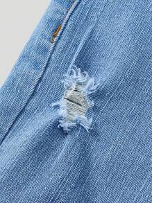 TWEEN GIRL URBAN STREET CASUAL DAILY SIMPLE WEST COUNTRY STYLE WRAP FRONT MID-JEANSHORTS ,With Back Flat Pockets And Ripped Detail , Button Front Closure And Roll-Up Hem - Medium Wash - View 5