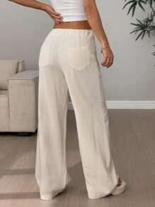 Flirla Pantalones casuales de mujer de cintura baja, con botones y pierna ancha