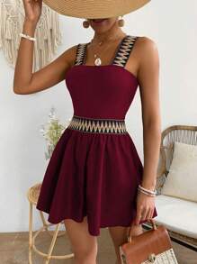 Breezaya Vacation Casual Webbing Splice Romper - Burgundy - View 6