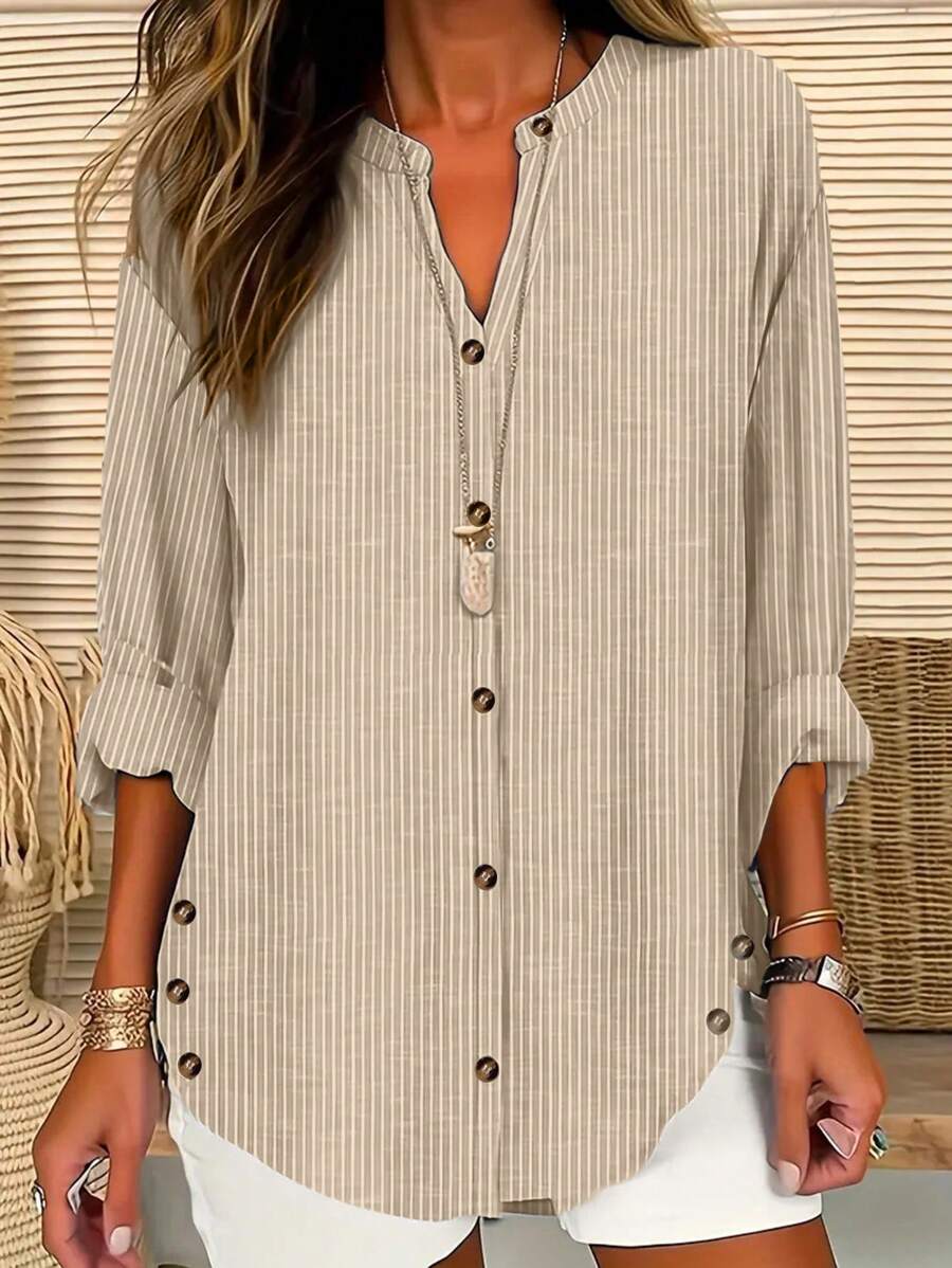 INAWLY Women's Striped V-Neck Single-Breasted Casual Loose Blouse Fall Cloth For Women - Khaki - View 1