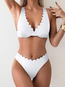 SHEIN Swim Women Beach Outfits Solid Color Deep V Sexy Burnout Crafted Steel Wire White Bikini Swimsuits Set For Summer Beach Vacation - White - View 3