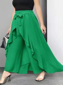 SHEIN LUNE Plus Size Women Ruffled High Waist Wide Leg Casual Pants Culottes - Green - View 1