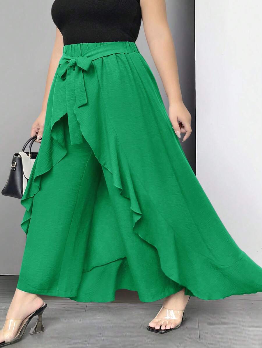 SHEIN LUNE Plus Size Women Ruffled High Waist Wide Leg Casual Pants Culottes - Green - View 1