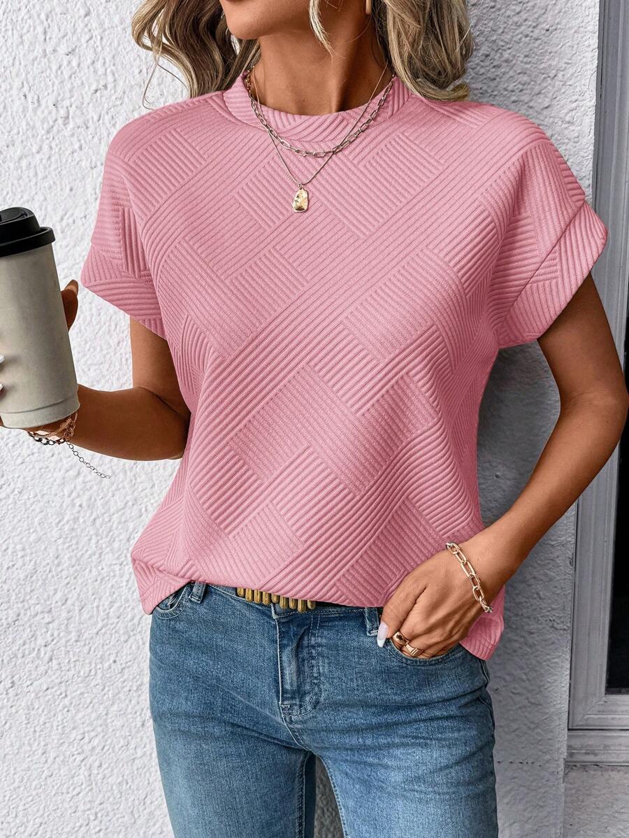 SHEIN LUNE Summer T-Shirt For Women Women's Textured Bat Print Crew Neck Short Sleeve T-Shirt, Apricot Color - Pink - View 1