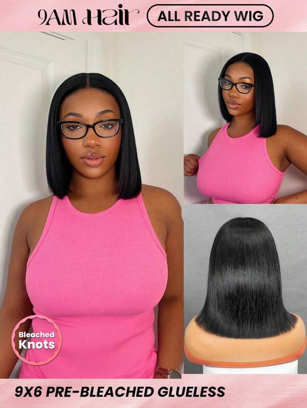 ALL READY WIG Wear & Go Short Bob Wigs Human Straight Bob 9*6 Glueless Transparent Lace Wig 8-14 Inch Pre Plucked Bleached Knots 180% Density Shoulder Length Middle Part Natural Black Color Wig For Woman