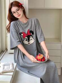 DAZY Cute Cartoon Pattern Printed Loose Nightgown Pajama - Grey - View 6