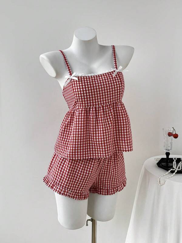 Elamini 2pcs/Set Women's Casual Vacation Red Plaid Bow Decor Cami Top And Elastic Waist Plaid Beach/Picnic Shorts Set, Spring/Summer