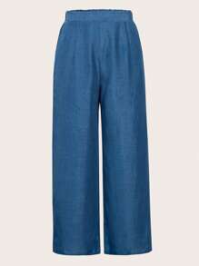 SHEIN PETITE Pantaloni lunghi casual di alta qualità di colore blu scuro con tessuto lavorato, in taglie comode, con vita elastica e gamba ampia, design semplice e versatile, adatti per uso quotidiano, pendolarismo, attività del tempo libero, fotografia - comodi, eleganti e ottimo rapporto qualità-prezzo