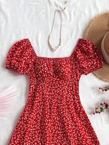 SHEIN WYWH Women's Vacation Blue Dot & Ditsy Floral Puff Sleeve A-Line Mini Dress With Slit Hem